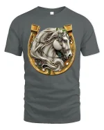 Elegant White Stallion Horseshoe Graphic Tee with Gold Western Detail - gray t-shirt on white background