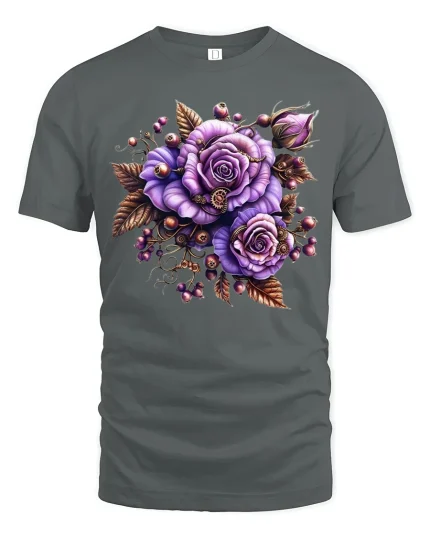 Vintage Steampunk Purple Rose Bouquet Graphic Tee - gray t-shirt on white background