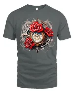 Steampunk Red Rose Clockwork Fantasy Graphic Tee - gray t-shirt on white background