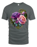 Elegant Purple and Pink Rose Bouquet Graphic Tee - gray t-shirt on white background