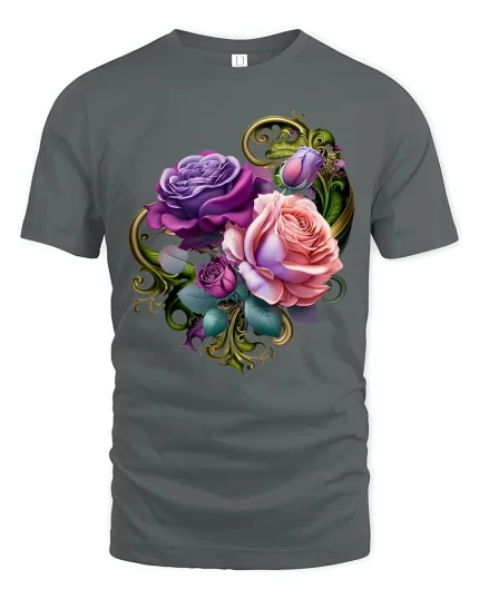 Elegant Purple and Pink Rose Bouquet Graphic Tee - gray t-shirt on white background