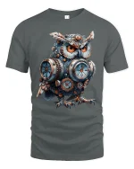 Steampunk Clockwork Owl Engineer Graphic Tee - gray t-shirt on white background