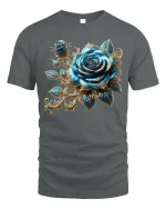 Luxurious Blue Rose Baroque Floral Graphic Tee with Elegant Gold Accents - gray t-shirt on white background