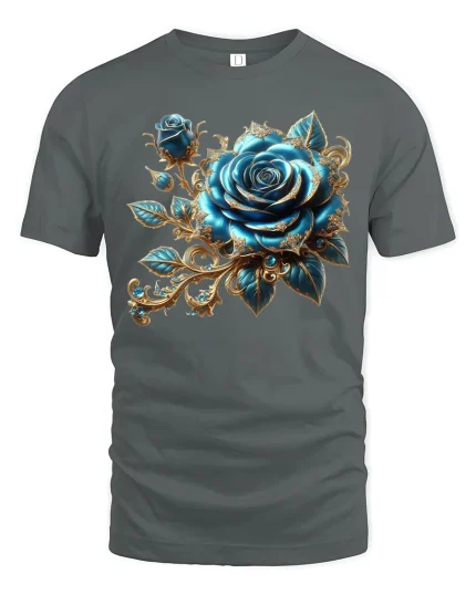 Luxurious Blue Rose Baroque Floral Graphic Tee with Elegant Gold Accents - gray t-shirt on white background