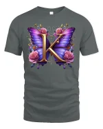Elegant Butterfly Initial K Floral Graphic Tee with Pink Rose Art - gray t-shirt on white background