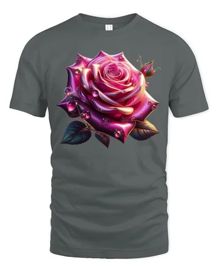 Vibrant Pink Dew Rose Graphic Tee with Stunning Hyper-Detail Art - gray t-shirt on white background