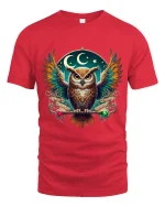Mystic Night Owl Spirit Guide Graphic Tee for Dreamers and Thinkers - red t-shirt on white background