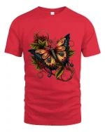 Autumn Forest Butterfly Graphic Tee with Warm Leaves - red t-shirt on white background