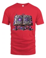 Enchanted Spellbook Magic Graphic Tee with Glowing Purple Runes - red t-shirt on white background