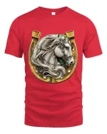 Elegant White Stallion Horseshoe Graphic Tee with Gold Western Detail - red t-shirt on white background
