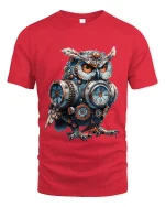 Steampunk Clockwork Owl Engineer Graphic Tee - red t-shirt on white background