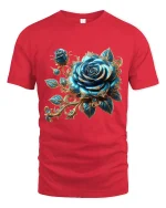 Luxurious Blue Rose Baroque Floral Graphic Tee with Elegant Gold Accents - red t-shirt on white background