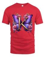 Elegant Butterfly Initial K Floral Graphic Tee with Pink Rose Art - red t-shirt on white background