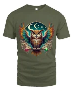 Mystic Night Owl Spirit Guide Graphic Tee for Dreamers and Thinkers - military green t-shirt on white background