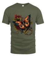 Autumn Forest Butterfly Graphic Tee with Warm Leaves - military green t-shirt on white background