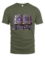 Enchanted Spellbook Magic Graphic Tee with Glowing Purple Runes - military green t-shirt on white background