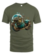 Steampunk Cosmic Motorcycle Adventure Graphic Tee - military green t-shirt on white background