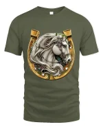 Elegant White Stallion Horseshoe Graphic Tee with Gold Western Detail - military green t-shirt on white background
