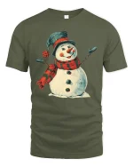 Jolly Christmas Snowman Graphic Tee with Cozy Hat - military green t-shirt on white background