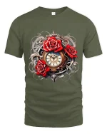Steampunk Red Rose Clockwork Fantasy Graphic Tee - military green t-shirt on white background