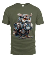 Steampunk Clockwork Owl Engineer Graphic Tee - military green t-shirt on white background