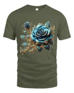 Luxurious Blue Rose Baroque Floral Graphic Tee with Elegant Gold Accents - military green t-shirt on white background