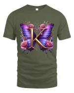Elegant Butterfly Initial K Floral Graphic Tee with Pink Rose Art - military green t-shirt on white background