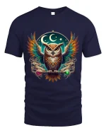 Mystic Night Owl Spirit Guide Graphic Tee for Dreamers and Thinkers - navy t-shirt on white background