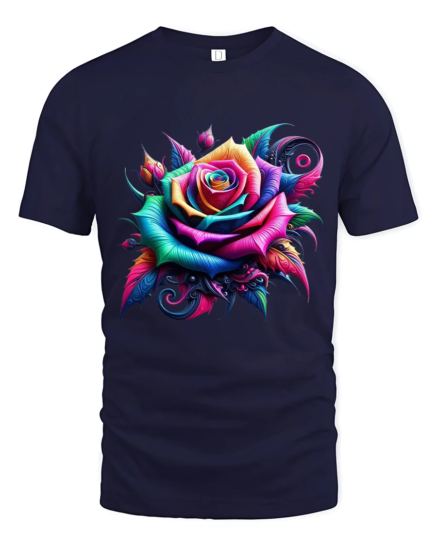 Vivid Neon Rainbow Rose Graphic Tee with Bold Artistic Floral Design - 1 Vivid Neon Rainbow Rose Graphic Tee with Bold Artistic Floral Design - navy t-shirt on white background