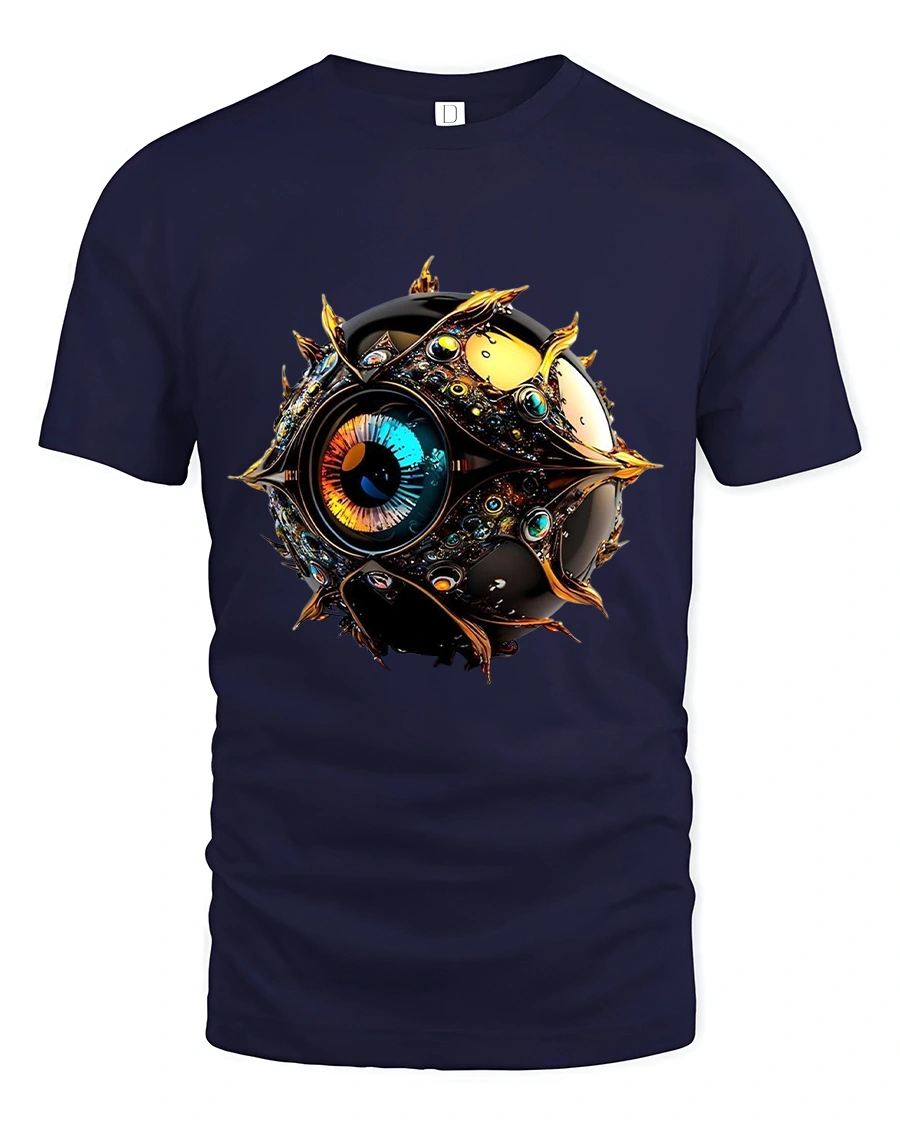 Futuristic Cyber Eye Orb Graphic Tee with Sci-Fi Mechanical Detail - 1 Futuristic Cyber Eye Orb Graphic Tee with Sci-Fi Mechanical Detail - navy t-shirt on white background
