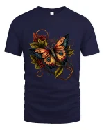 Autumn Forest Butterfly Graphic Tee with Warm Leaves - navy t-shirt on white background