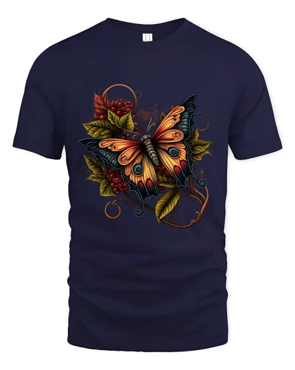 Autumn Forest Butterfly Graphic Tee with Warm Leaves - navy t-shirt on white background