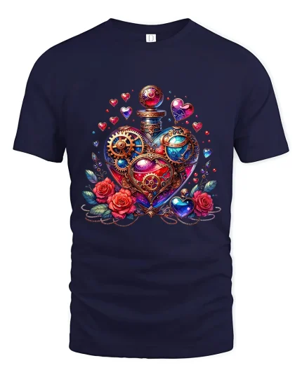 Steampunk Love Heart Potion Graphic Tee with Gears, Roses and Jewels - navy t-shirt on white background