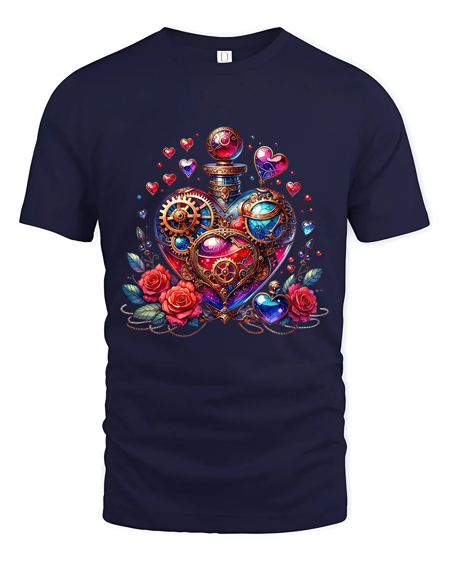 Steampunk Love Heart Potion Graphic Tee with Gears, Roses and Jewels - 1 Steampunk Love Heart Potion Graphic Tee with Gears, Roses and Jewels - navy t-shirt on white background