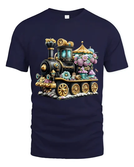 Whimsical Steampunk Flower Train Graphic Tee with Fantasy Detail - navy t-shirt on white background