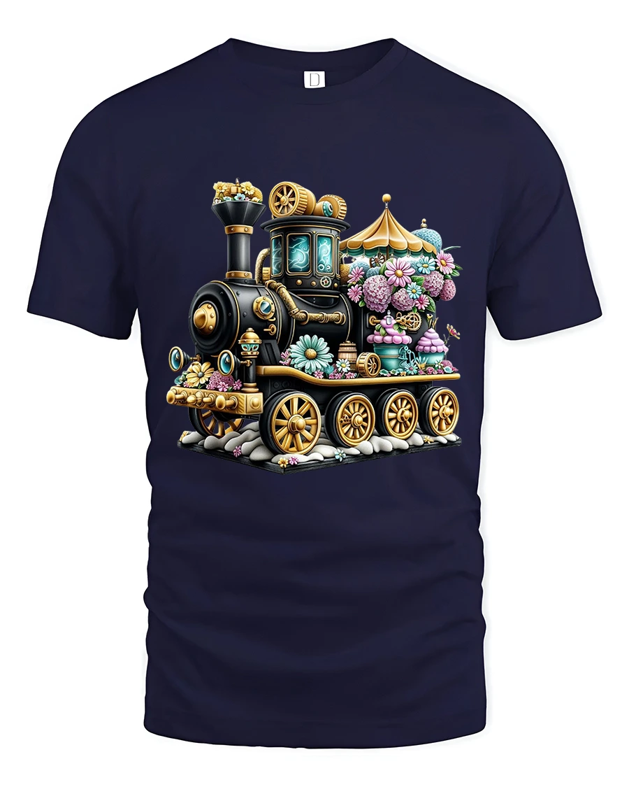 Whimsical Steampunk Flower Train Graphic Tee with Fantasy Detail - 1 Whimsical Steampunk Flower Train Graphic Tee with Fantasy Detail - navy t-shirt on white background