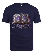 Enchanted Spellbook Magic Graphic Tee with Glowing Purple Runes - navy t-shirt on white background