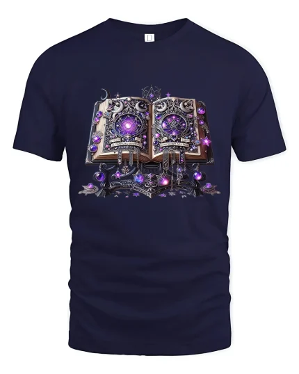 Enchanted Spellbook Magic Graphic Tee with Glowing Purple Runes - navy t-shirt on white background