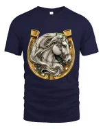 Elegant White Stallion Horseshoe Graphic Tee with Gold Western Detail - navy t-shirt on white background