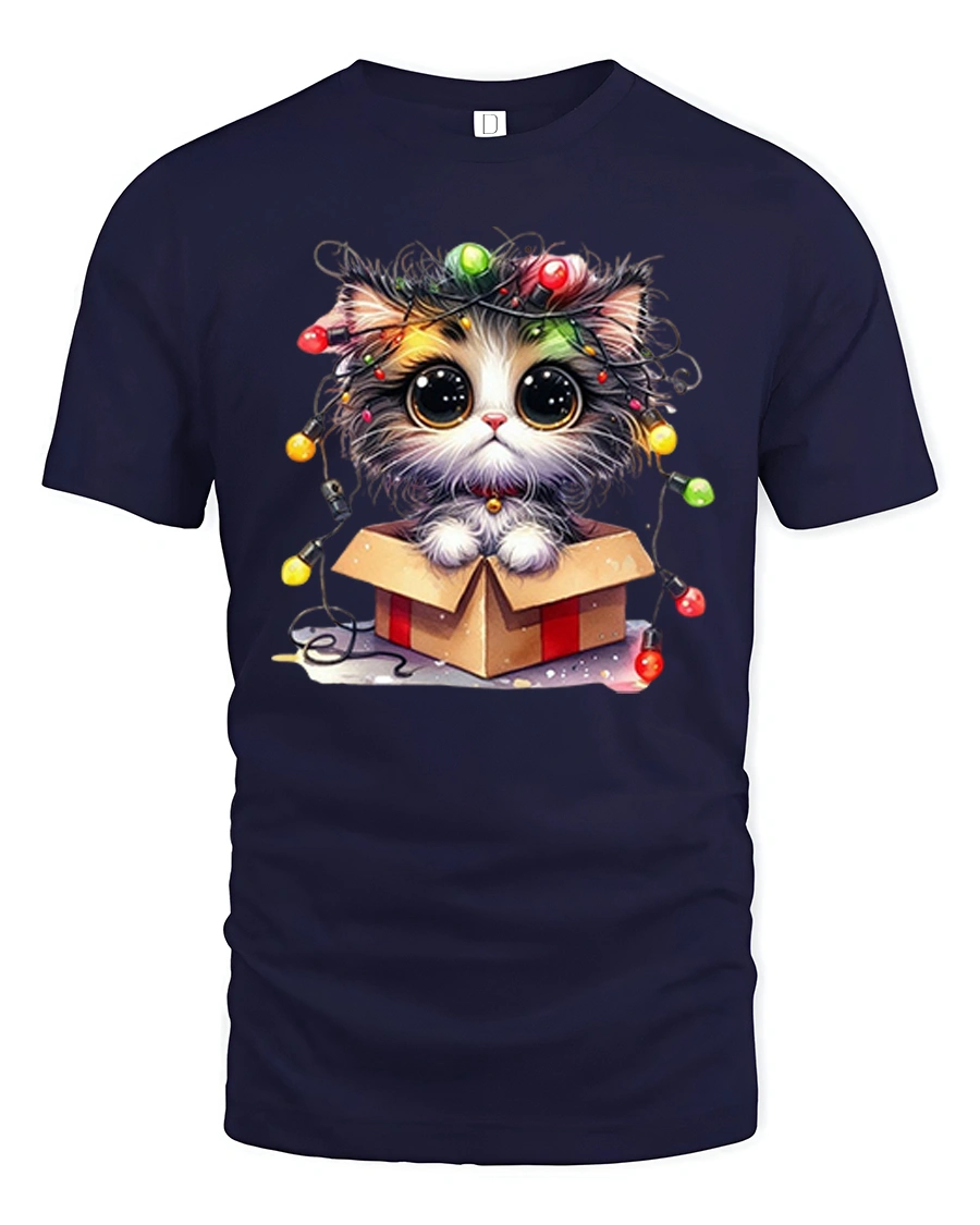 Cute Christmas Kitten in Gift Box Graphic Tee with Holiday Lights - 1 Cute Christmas Kitten in Gift Box Graphic Tee with Holiday Lights - navy t-shirt on white background