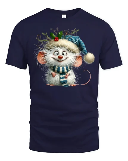 Cute Christmas Mouse Graphic Tee With Cozy Winter Hat and Scarf Art - navy t-shirt on white background