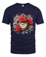 Steampunk Red Rose Clockwork Fantasy Graphic Tee - navy t-shirt on white background