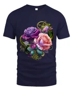 Elegant Purple and Pink Rose Bouquet Graphic Tee - navy t-shirt on white background