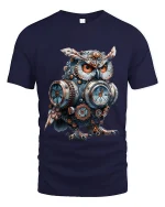 Steampunk Clockwork Owl Engineer Graphic Tee - navy t-shirt on white background