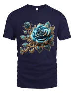 Luxurious Blue Rose Baroque Floral Graphic Tee with Elegant Gold Accents - navy t-shirt on white background