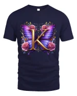 Elegant Butterfly Initial K Floral Graphic Tee with Pink Rose Art - navy t-shirt on white background