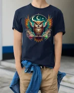 Mystic Night Owl Spirit Guide Graphic Tee for Dreamers and Thinkers - model wearing navy tee with hands in pockets