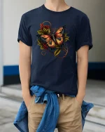 Autumn Forest Butterfly Graphic Tee with Warm Leaves - model wearing navy tee with hands in pockets