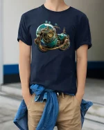 Steampunk Cosmic Motorcycle Adventure Graphic Tee - model wearing navy tee with hands in pockets