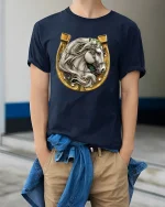 Elegant White Stallion Horseshoe Graphic Tee with Gold Western Detail - model wearing navy tee with hands in pockets